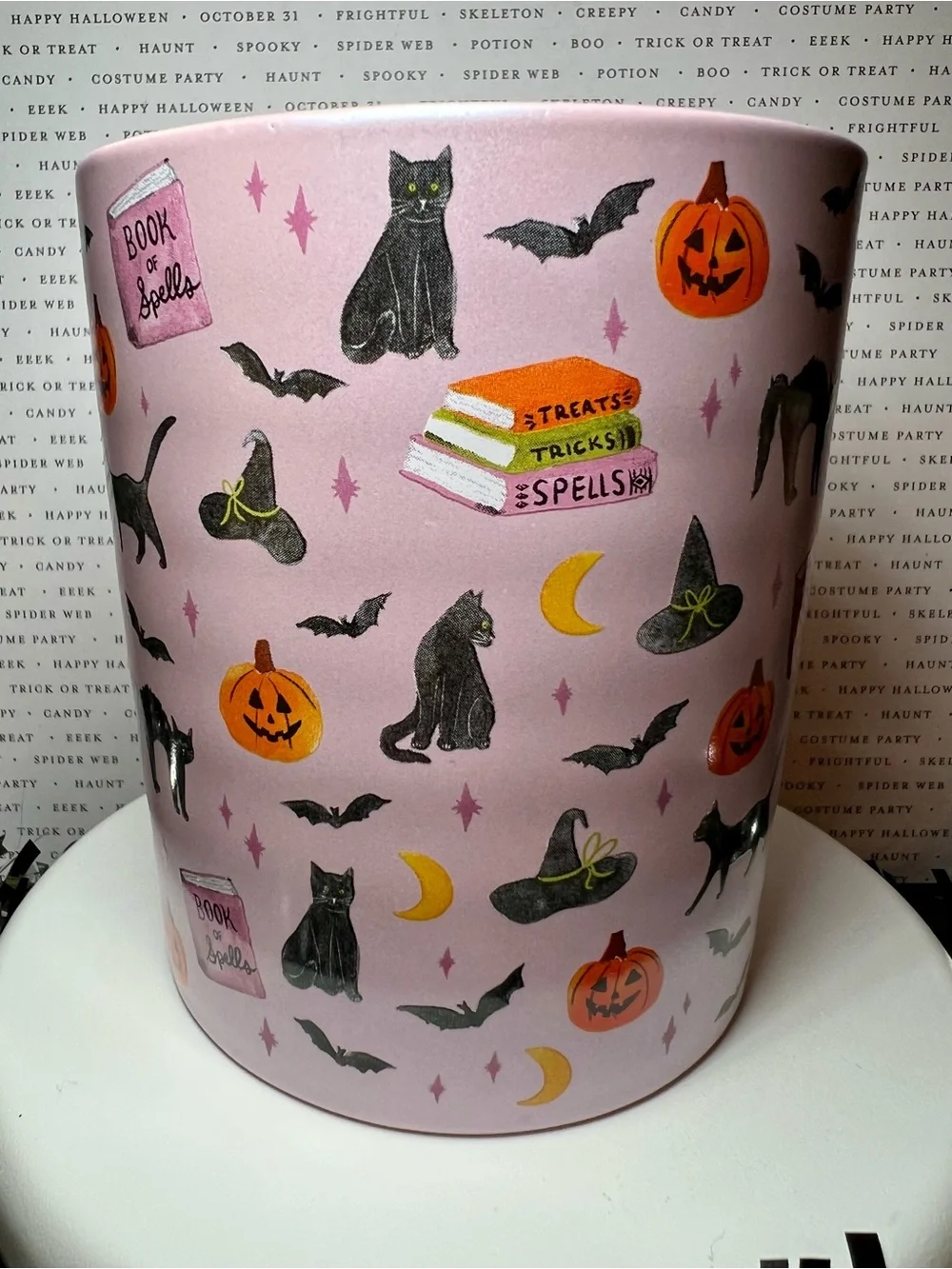 Halloween Black Cats & Books Ceramic Mug Lavender Pearl Bats Witch Hat Spells